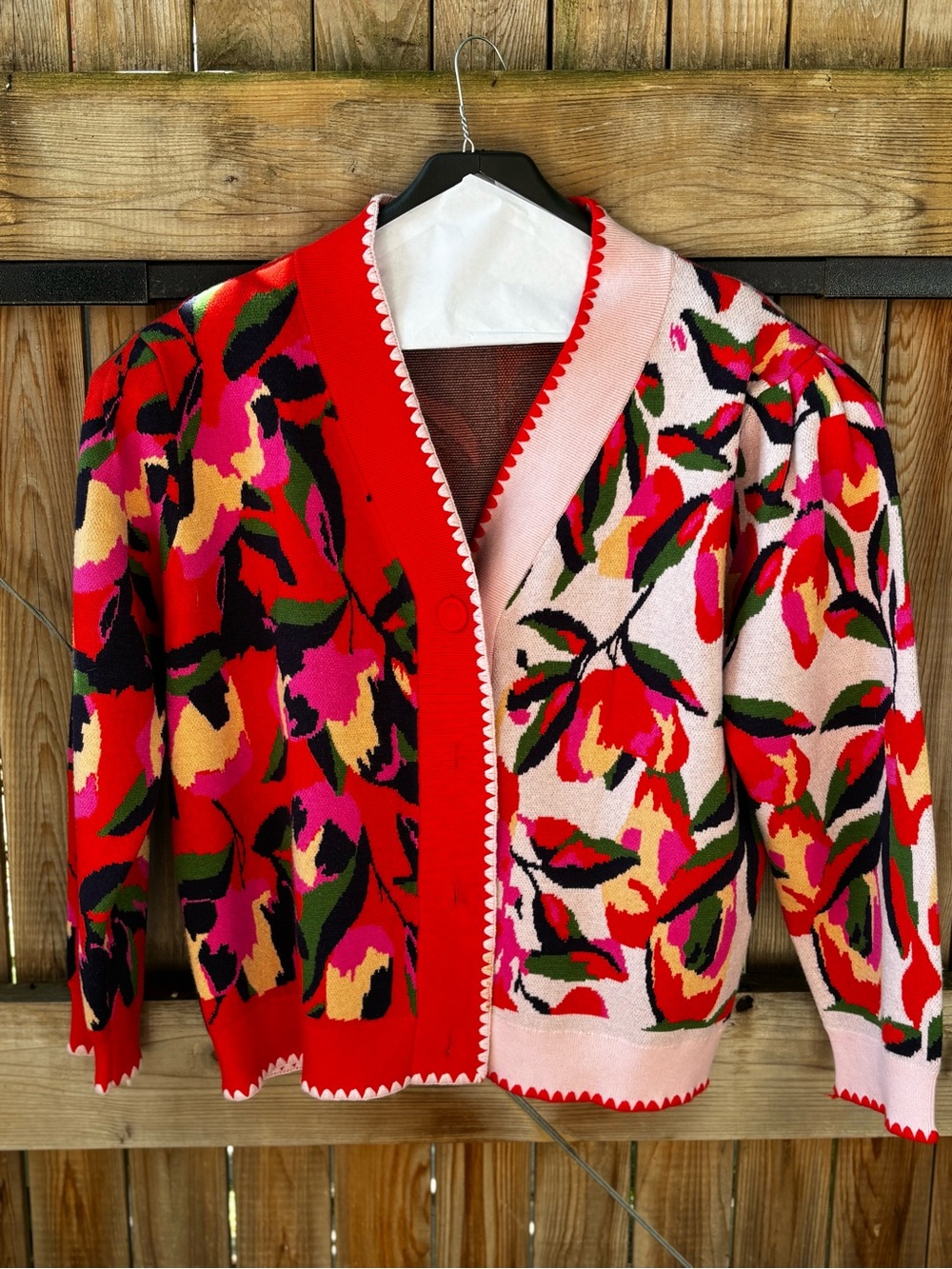 Bold Floral Colorblock V-Neck Cardigan Sweater - Red & Pink Avara Leslie